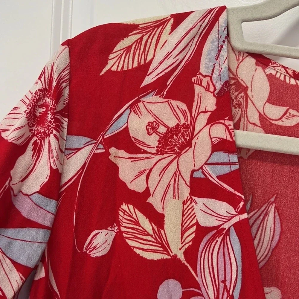 Free People Red Floral V-Neck Tunic